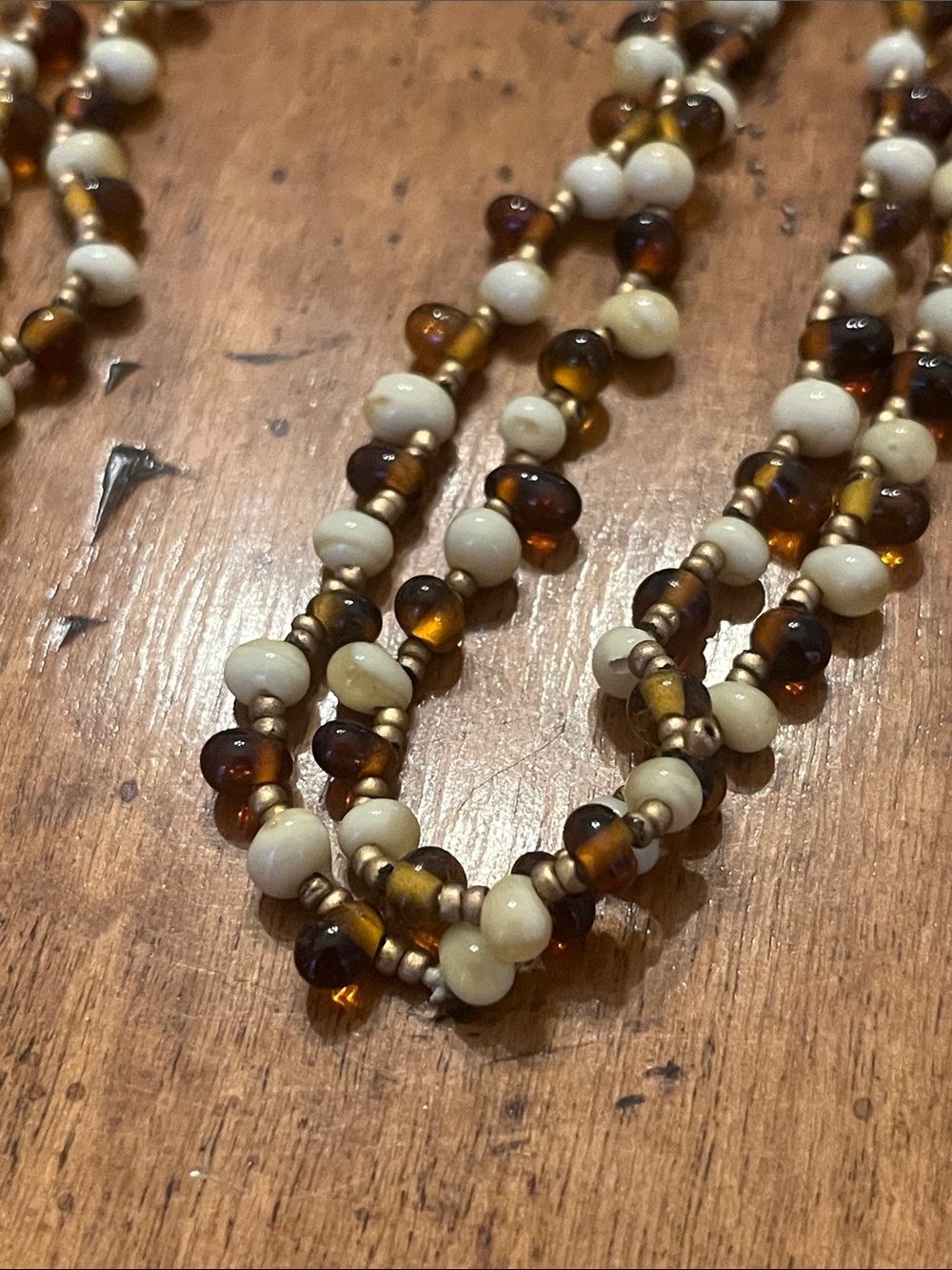 Vintage Molded Glass Long Necklace Brown Topaz Earthy Colors Beads Single Strand